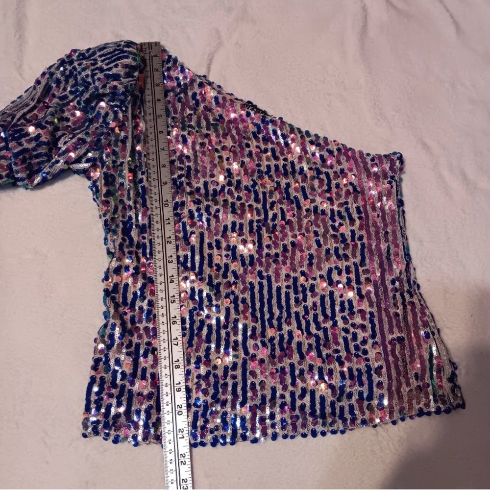 Venus sequined One-Shoulder long sleeve Top - Blue multi color Sz M - Picture 8 of 10